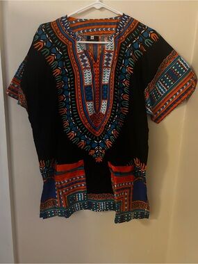 Men's Black Dashiki Tank Top with Orange & Blue Tribal Print